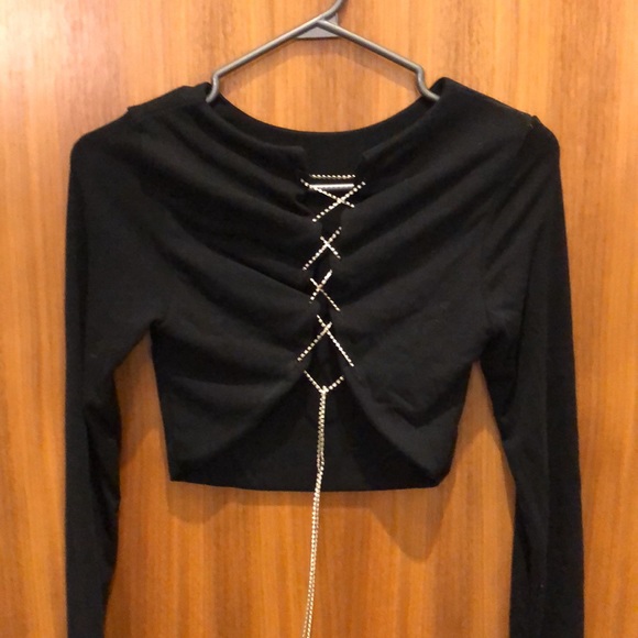 Fashion Nova S Black Long Sleeve Crop Top with diamond chain criss cross back - Picture 2 of 2
